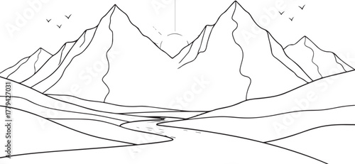 Minimalist Line Art of a Mountain Landscape with a Winding River and Rising Sun