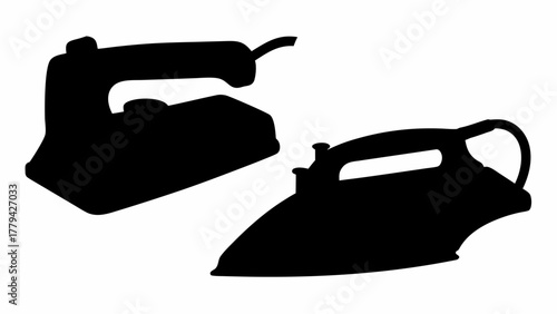 Silhouette depiction of two irons showcasing different styles against a white background space usage