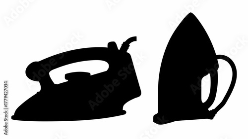 Silhouette depiction of two irons one laying flat and one standing up with a handle on a white background