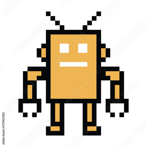 Cartoon pixel art of humanoid robot learning toy robotic engineer bot machine business vector character automation electronic background 8 bit artificial intelligence art.