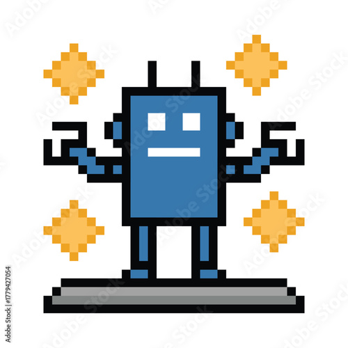 Cartoon pixel art of humanoid robot learning toy robotic engineer bot machine business vector character automation electronic background 8 bit artificial intelligence art.