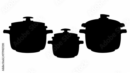 Silhouette of three pressure cookers of varying sizes arranged in a horizontal composition on white