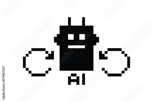 Cartoon pixel art of humanoid robot learning toy robotic engineer bot machine business vector character automation electronic background 8 bit artificial intelligence art.