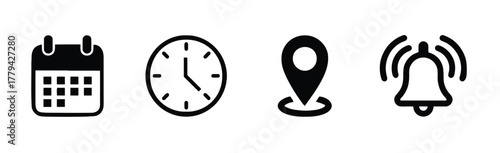 bell, ringing, right, graphic, left, presented, circle, illustration, with, schedule, calendar, modern, alert, icon, simple, communication, icons, radiating, clock, watch, collection, pin, represent, 