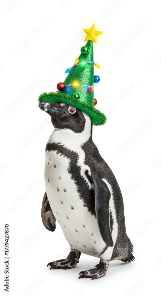 Fototapeta premium penguin wearing a Christmas tree hat, holiday animal graphic, on a white background