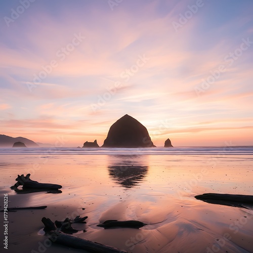 Beach landscape at dusk with a large rock formation and calm water