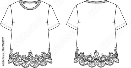 CAD Drawing Flat Vector Illustration of Short-Sleeve Top with Round Neckline, Loose Fit, and Floral Scalloped Lace Hem Trim
