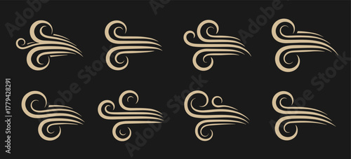 Decorative wind swirl symbols in golden tone on dark background. Flowing curved lines represent air, motion, and elegance. Great for abstract or mystical designs
