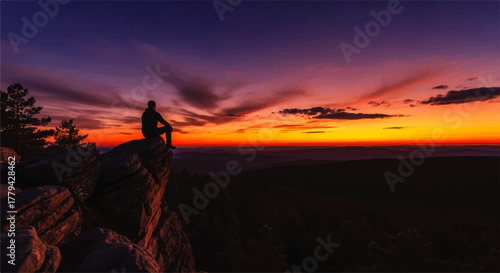 Silhouette of a person sitting on a rock at sunset.