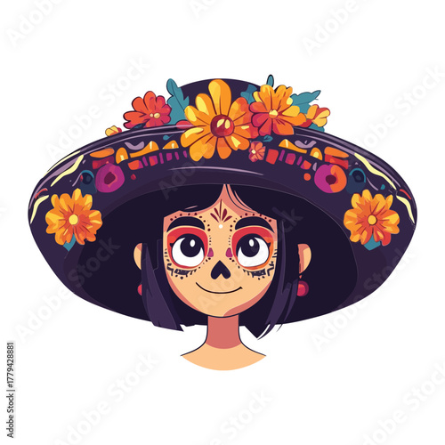 A cheerful cartoon woman wearing a wide, decorated sombrero with flowers, featuring traditional Dia de Muertos (Sugar Skull) face paint. Ideal for sites/blogs on Mexican culture, holidays 