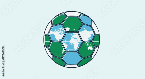 Vibrant illustration of a soccer ball with a global map design, symbolizing international sports, planetary unity, and worldwide connection through the beautiful game