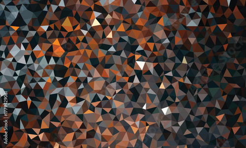 A modern abstract low poly background with a mosaic of geometric triangles in shades of warm orange, brown, and dark grey. Ideal for contemporary web design.