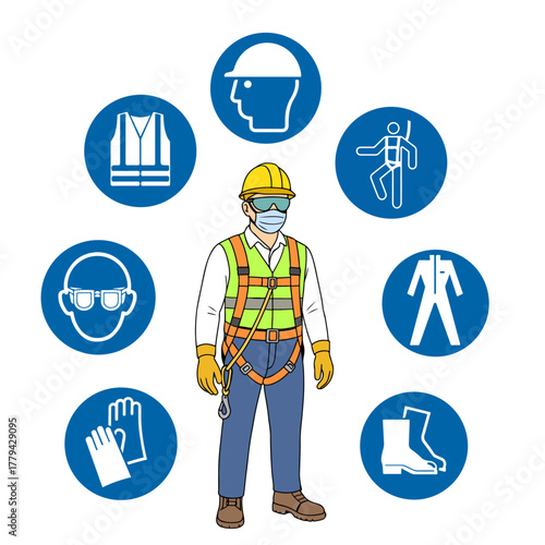 Industrial Safety Engineer with safety harness and personal protective equipment for working at height and preventing falls. Safety first. Industrial safety and occupational health

