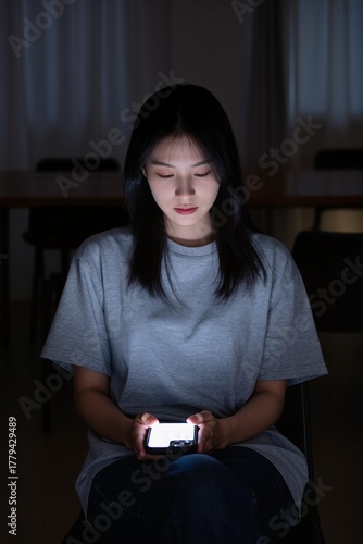 In the darkness, a girl looks at the screen of a mobile phone and sadly waits for a call, her face illuminated by the light from the phone.