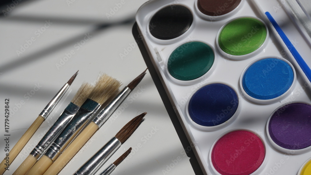 Obraz premium Paint brushes and watercolor paints on a white background, close-up