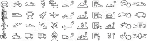 transportation, vehicles, icons, set, collection, car, automobile, bicycle, bike, scooter, motorcycle, bus, train, subway, rocket, spaceship, airplane, aircraft, plane, truck, lorry, delivery van, par