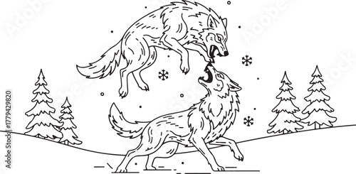 Aggressive Wolves Confrontation in Winter Forest Line Art