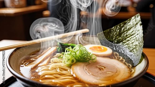 Delicious and Steaming Bowl of Japanese Ramen Noodle Soup with Pork, Egg, and Seaweed for a Cozy