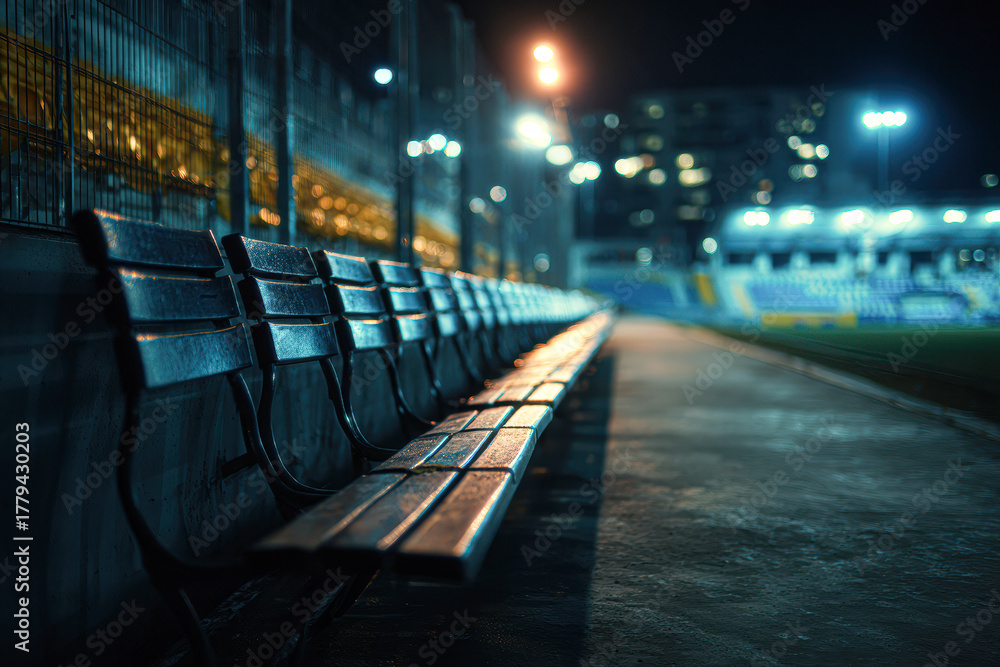 Obraz premium A dimly lit stadium bench row, empty and awaiting spectators, captures the ambiance of a quiet night at a sports field.