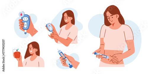 diabetes, blood sugar, glucose, monitor, meter, test, strip, lancet, apple, healthy food, insulin, pen, injection, syringe, treatment, management, health, medical, care, woman, female, illustration, c