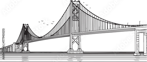 Detailed Monochrome Line Art Illustration of a Large Suspension Bridge