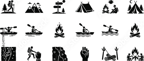 Collection of outdoor adventure and camping icons depicting hiking camping and water sports isolated on transparent background