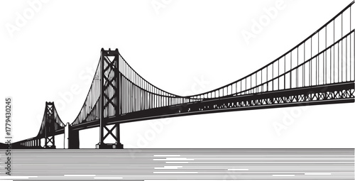 Black and White Vector Illustration of a Classic Suspension Bridge Spanning Water