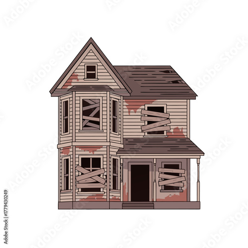 Creepy abandoned haunted house with boarded windows evokes mystery and fear, perfect for Halloween themes