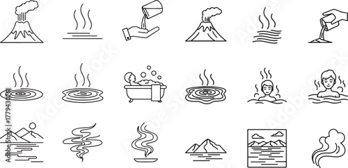 Hot Spring, Volcanic, and Bathing Outline Icons.  Spa, relaxation, natural phenomena, and wellness graphics