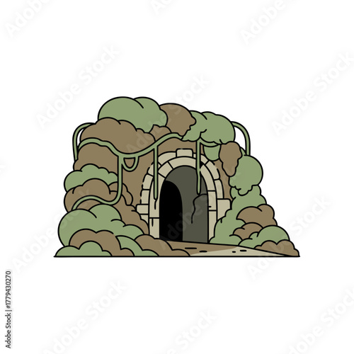 Mysterious ancient cave entrance overgrown with vines beckons exploration into the unknown