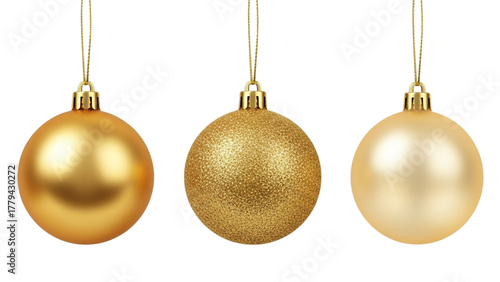 Isolated Gold Christmas Ornaments Set: Shiny, Glitter, and Matte Baubles Hanging on a Transparent Background