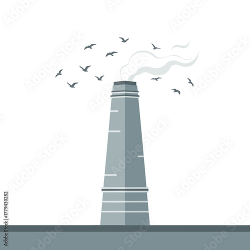 Industrial chimney releasing smoke with birds flying around, symbolizing progress and environmental impact.