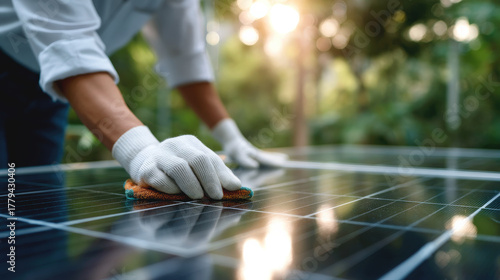 Person cleaning solar panel with cloth in outdoor solar installation at sunrise, maintenance worker wearing gloves