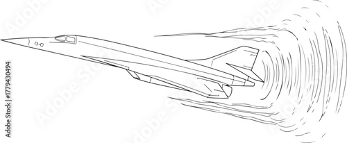 Line Art Illustration of a Supersonic Aircraft Generating Sound Waves