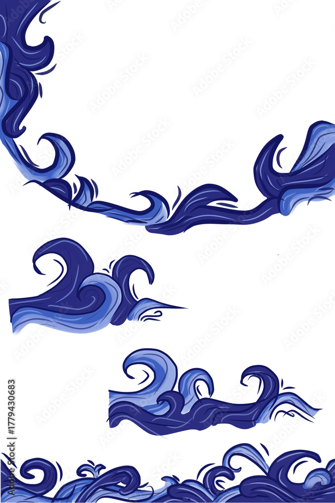 Fototapeta premium Blue waves border ornament illustration set, border set with blue wave ornament