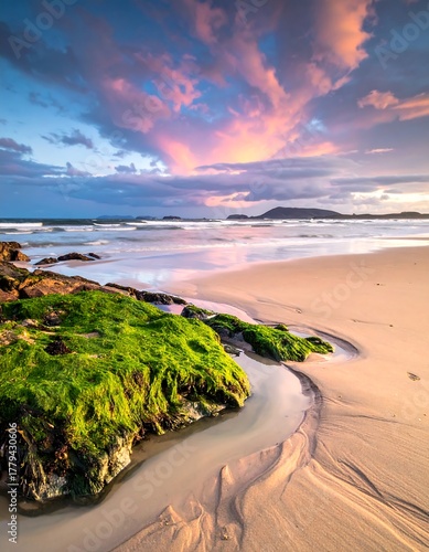 Beach landscape at dusk with colorful sky and ocean