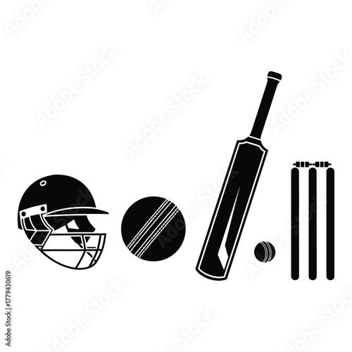 Cricket equipment silhouettes isolated on transparent background, Vector