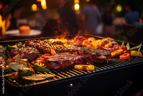 grill is full of meat and vegetables, with group of people standing around it. Scene is lively and social, as people are gathered around grill to enjoy meal together