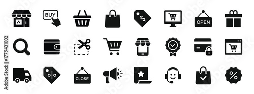 e-commerce, shopping, online store, retail, business, icons, set, collection, buy, cart, bag, tag, computer, open, close, gift, search, wallet, scissors, truck, discount, megaphone, certificate, credi