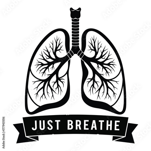 Lungs silhouette with 'just breathe' banner isolated on transparent background, Vector