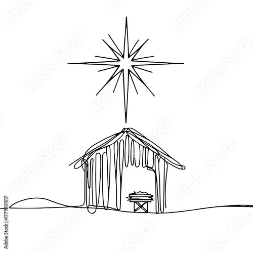 The Star of Bethlehem over the stableBiblical Christmas Scenes outline / minimal linear vector