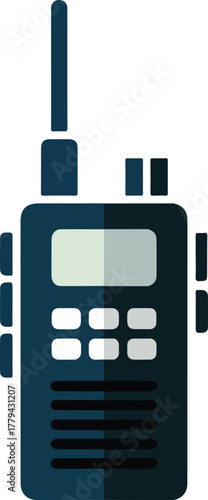 Dark blue vector walkie-talkie icon featuring an antenna screen and push buttons for various professional communication purposes