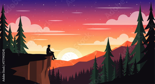 Person sitting on a cliff watching the sunset over mountains and trees.