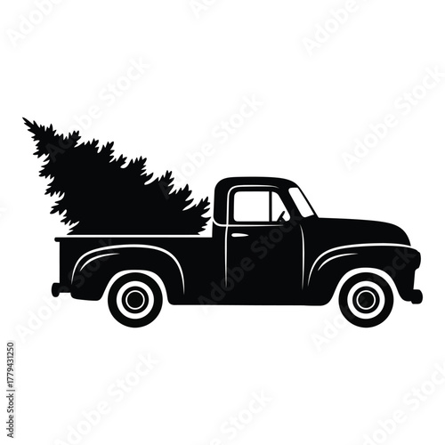 Vintage pickup truck with christmas tree silhouette isolated on transparent background, Vector