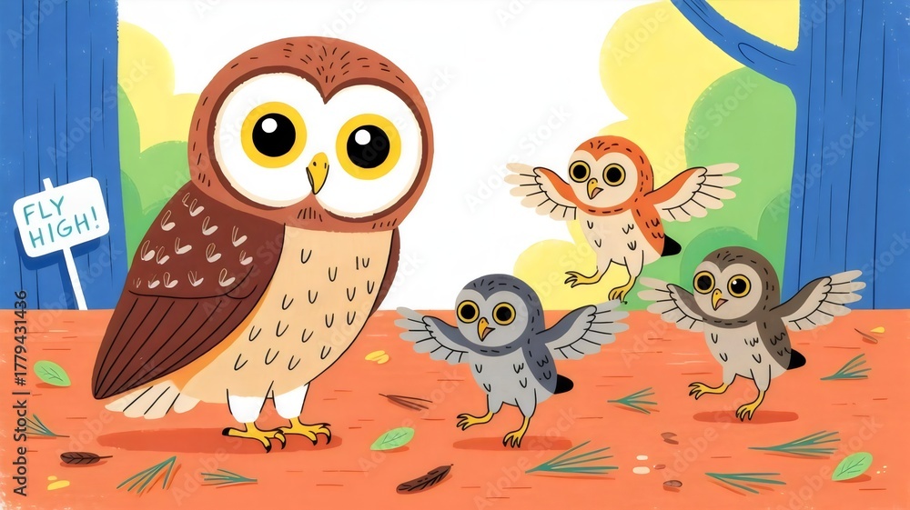 Naklejka premium Owl and owlets learning to fly in forest – Ideal for education or family illustration concepts