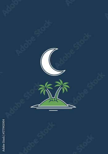 Minimalist illustration of a crescent moon above a small tropical island with two palm trees.