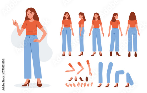 woman, character, design, illustration, flat, cartoon, girl, female, person, model, pose, standing, pointing, hand, gesture, body, parts, arms, legs, shoes, outfit, orange shirt, blue pants, white bac