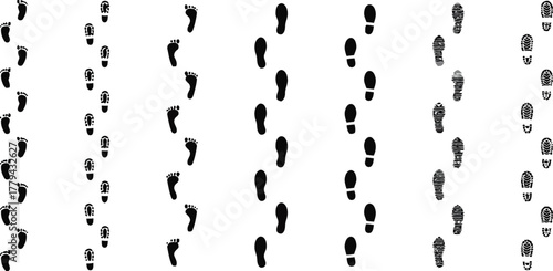 footprints, shoe prints, walking, path, trail, steps, human feet, boot prints, sole pattern, sequence, repetition, movement, direction, black, white, isolated, graphic, design, collection, row, line, 
