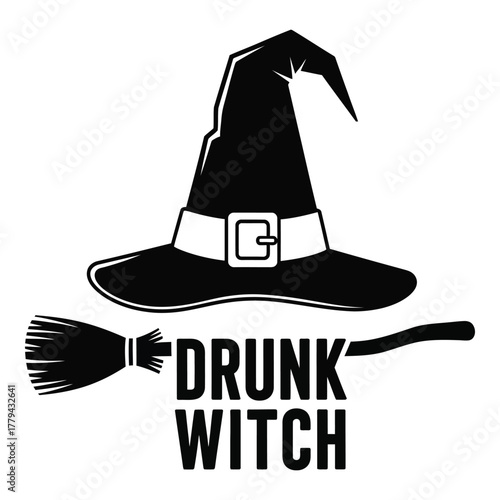 Drunk witch hat and broom silhouette isolated on transparent background, Vector