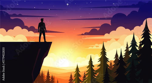 Silhouette of a man standing on a cliff at sunset.